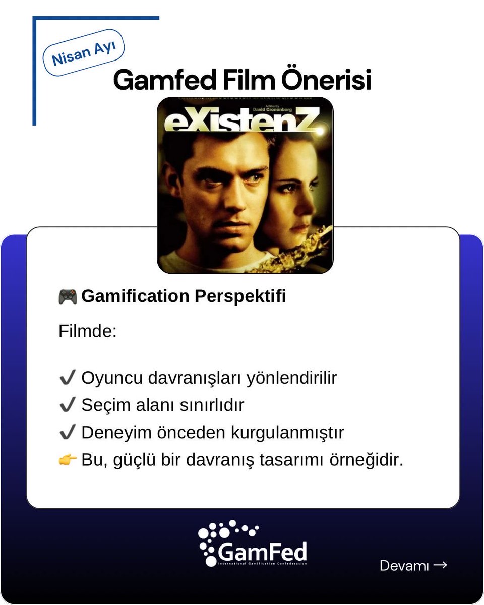 GamfedTurkiye's tweet image. Gamfed Nisan Ayı Film Önerisi: eXistenZ🚀
🎬 eXistenZ (1999), yalnızca bir bilim kurgu filmi değil; oyun, gerçeklik ve kontrol kavramlarını sorgulayan güçlü bir düşünce deneyidir.

#Gamification #GameDesign #UX #AI #GamFedTürkiye