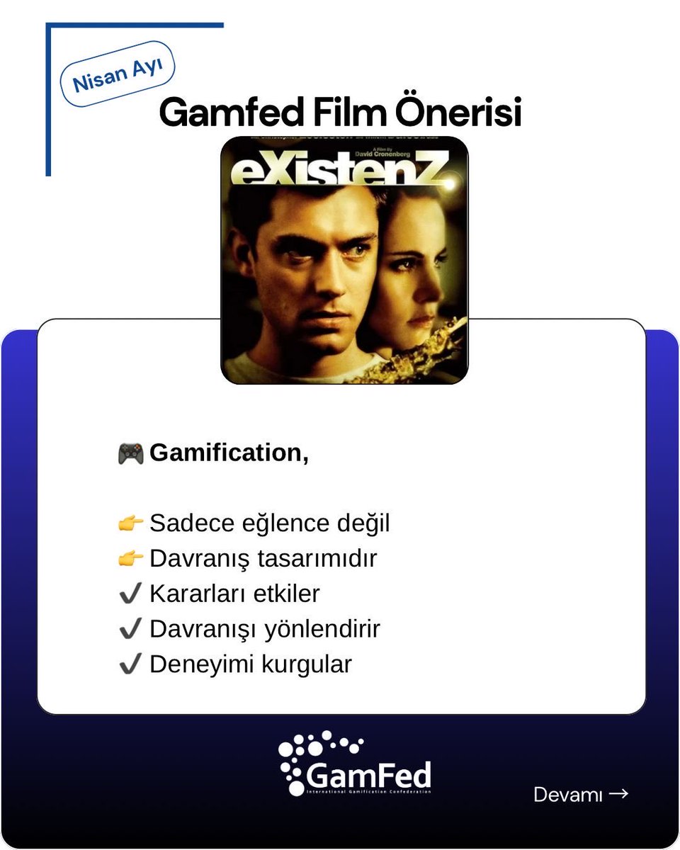 GamfedTurkiye's tweet image. Gamfed Nisan Ayı Film Önerisi: eXistenZ🚀
🎬 eXistenZ (1999), yalnızca bir bilim kurgu filmi değil; oyun, gerçeklik ve kontrol kavramlarını sorgulayan güçlü bir düşünce deneyidir.

#Gamification #GameDesign #UX #AI #GamFedTürkiye
