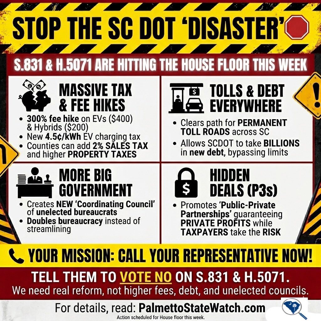 🚨 The SC House is preparing to vote on two massive infrastructure bills that will further injury the pockets of South Carolinians this week.

S.831 and H.5071 will grow government and increase fees and taxes. For a full breakdown on what these bills do, read our analysis here: