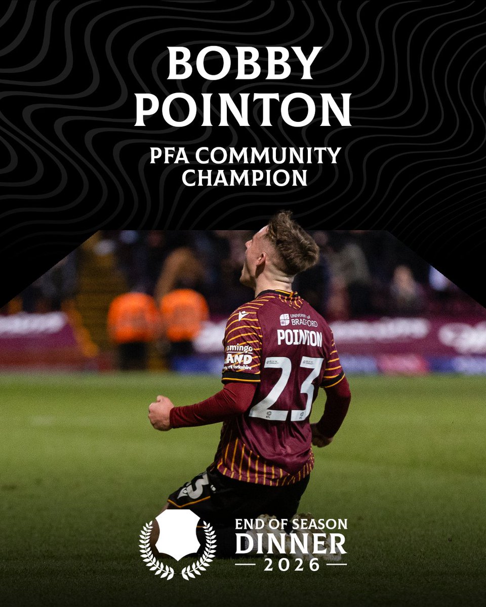 officialbantams's tweet image. Giving back to the community. 🙌

He’s one of our own, and he is the PFA Community Champion of the year! 🏆

Well in, Bobby Pointon. 👏

#BCAFC