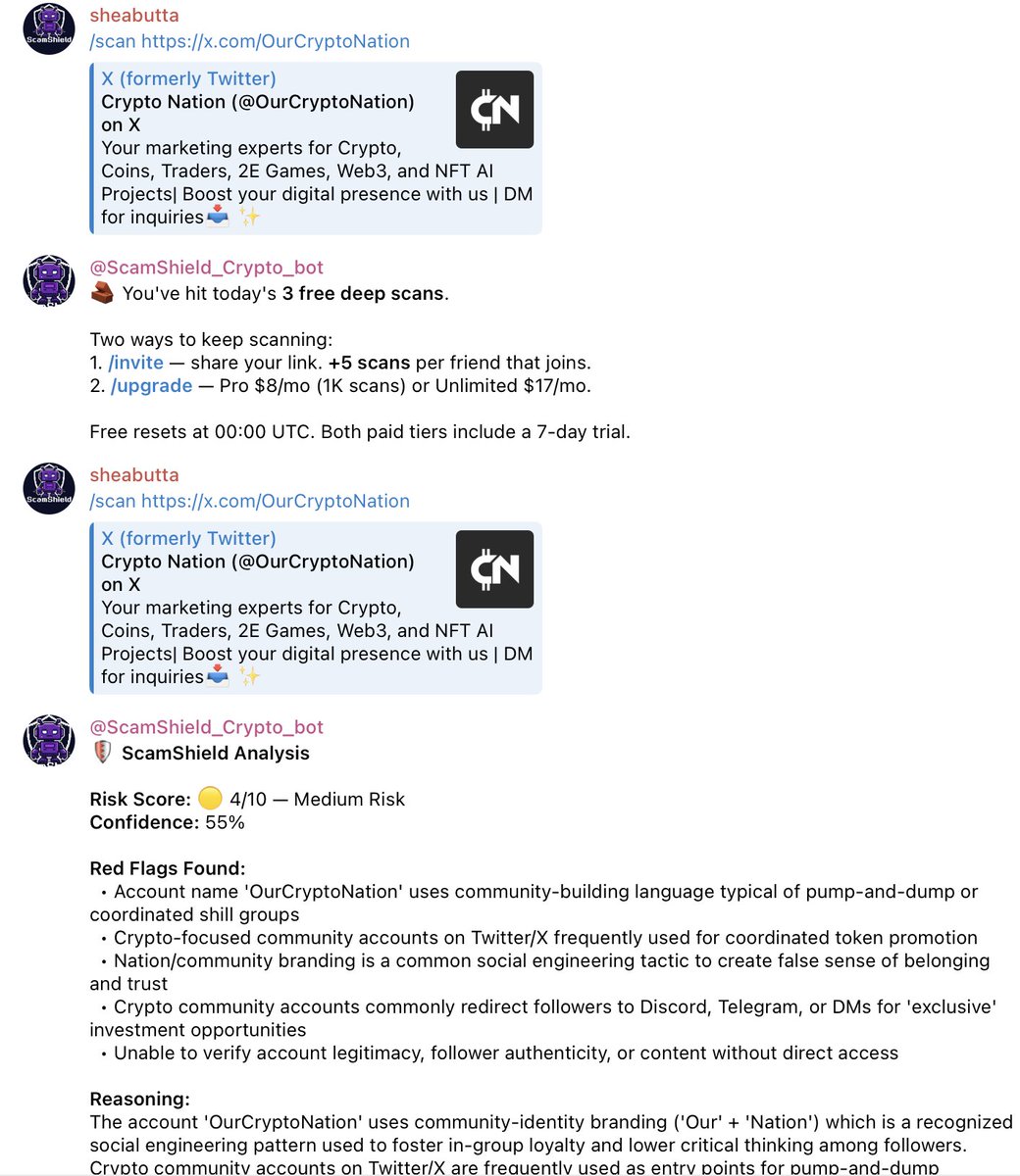 GuyShea21824's tweet photo. More examples SCAMSHIELD  Scammer Scanner: This time i scanned that same scammer Twitter/X tag name Checkout the results.... #BuildinPublic  #SCAMCOIN https://t.co/kUksCPQJTw