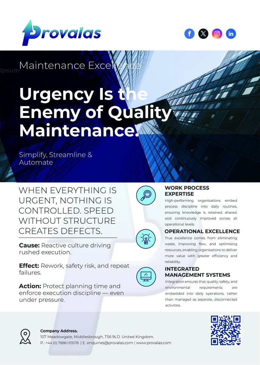provalas's tweet image. Urgency Is the Enemy of Quality Maintenance.

When everything is urgent, nothing is controlled.

Speed without structure creates defects.

#MaintenanceDiscipline
#OperationalExcellence
#QualityFirst
#SafetyCulture
#WorkManagement