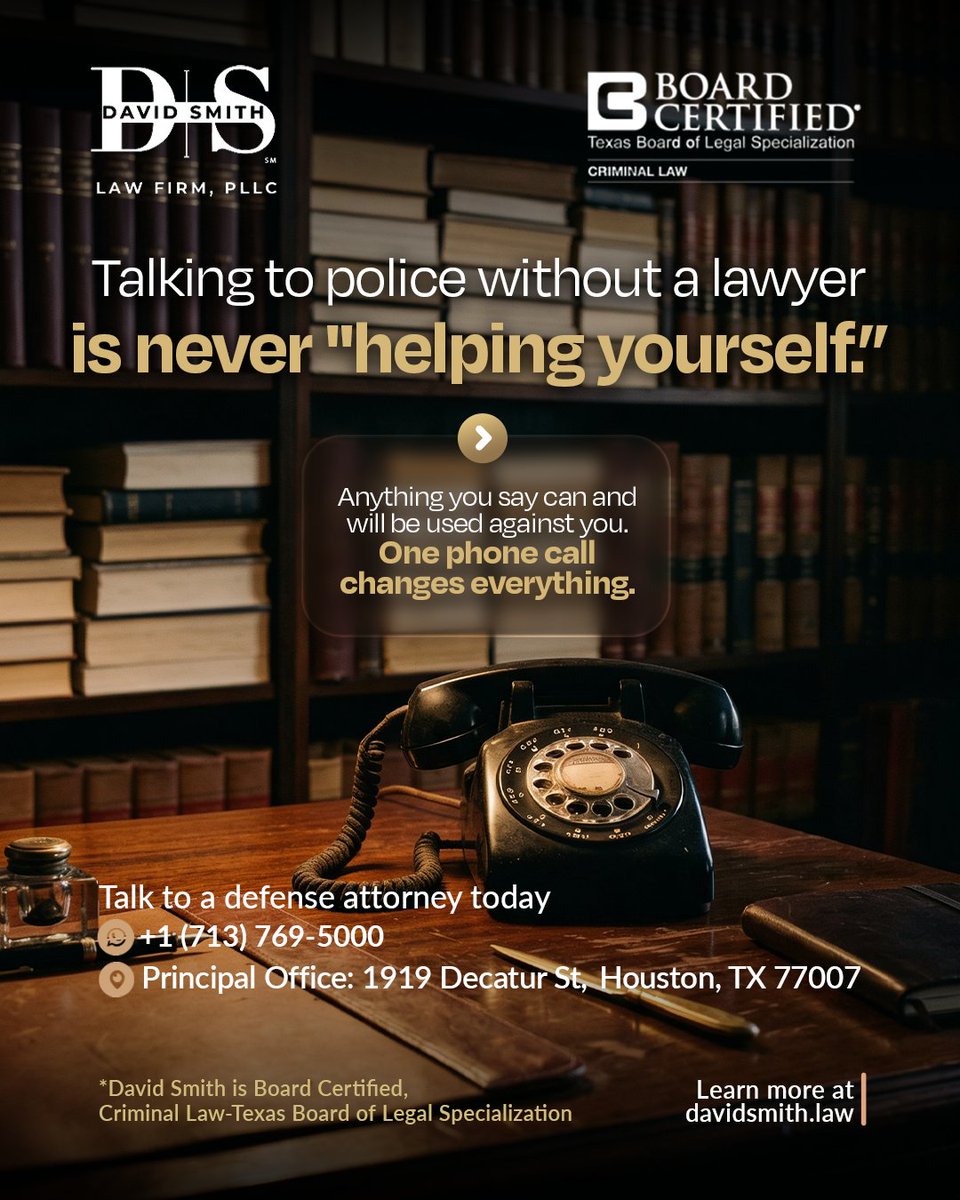 davidsmithjd's tweet photo. Silence is your best defense. ⚖️

Talking to the police without a lawyer isn't "cooperation"—it's a risk. Protect your future before you say a word. One call can change the trajectory of your case.

📞 +1 (713) 769-5000 🌐 https://t.co/An1T45mos2

#knowyourrights #righttoremainSilent #criminaldefense #defenseattorney #donttalktopolice #legaladvice