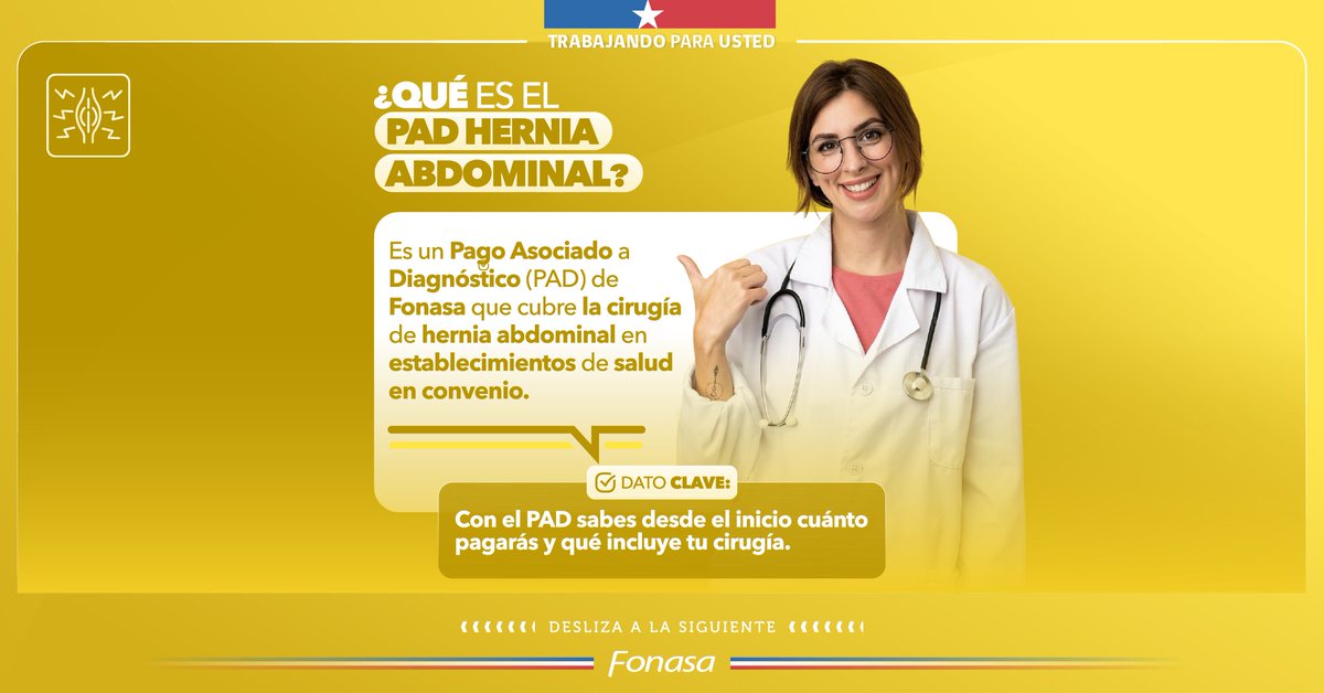 Fonasa's tweet image. 🔍 ¿Necesitas una cirugía de hernia abdominal?
Con el #PAD de #Fonasa sabes desde el inicio cuánto pagarás y qué incluye tu atención.
✅ Precio conocido
✅ Cobertura completa del equipo médico, medicamentos y más
📌 Infórmate sobre cómo acceder a este beneficio y haz tu cirugía