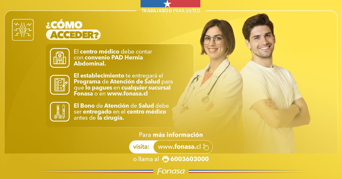 Fonasa's tweet image. 🔍 ¿Necesitas una cirugía de hernia abdominal?
Con el #PAD de #Fonasa sabes desde el inicio cuánto pagarás y qué incluye tu atención.
✅ Precio conocido
✅ Cobertura completa del equipo médico, medicamentos y más
📌 Infórmate sobre cómo acceder a este beneficio y haz tu cirugía