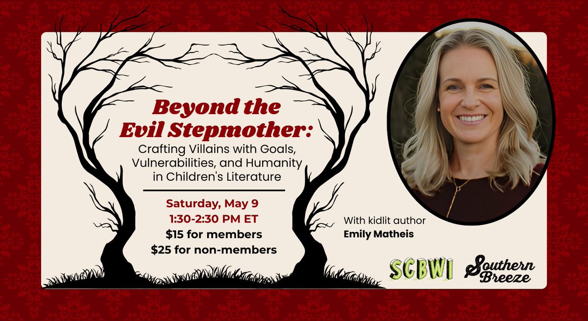SCBWI_SoBreeze's tweet image. Next Saturday, May 9, at 1:30PM Eastern Time, learn the practical tools to craft the perfect villain, whether you're writing a picture book bully or a YA mastermind. #scbwi #kidlit #AmWriting
Sign up now! scbwi.org/events/beyond-…