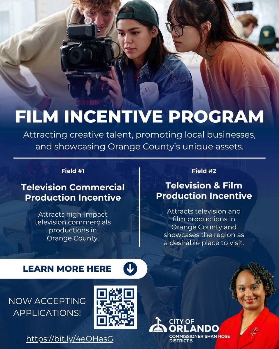 ShanRose0217's tweet image. 🎥 FILM INCENTIVE PROGRAM 🎥

Attracting creative talent, promoting local businesses, and showcasing Orange County’s unique assets.

Learn more here: bit.ly/4eOHasG

#D5 #Community #LeadershipMatters #FYP #DeliveringResults