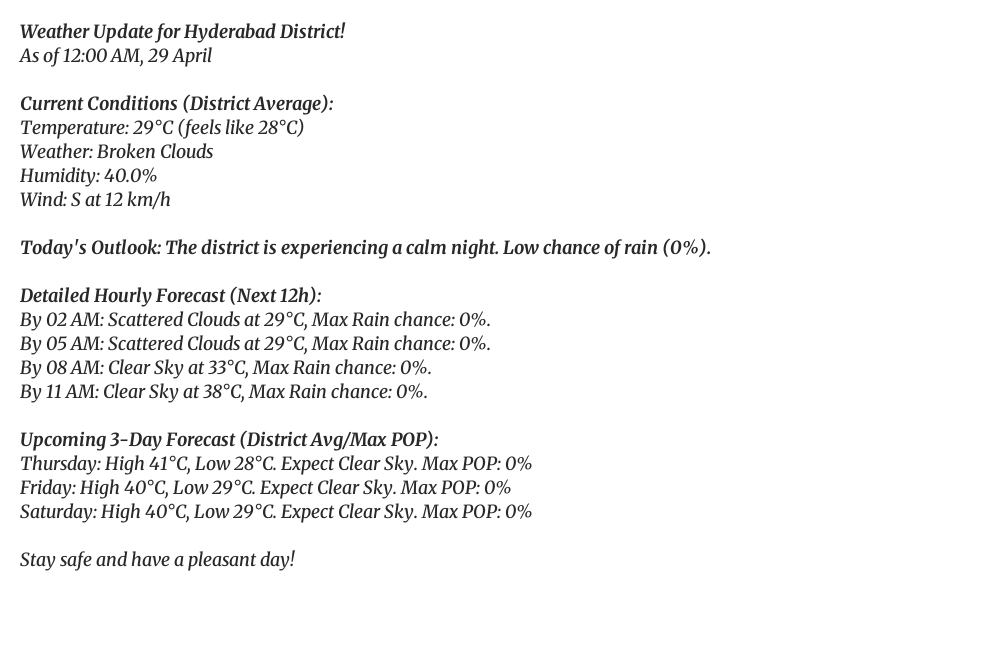 HyderbadWeather's tweet image. Good evening, Hyderabad! 👋
It's currently 29°C (feels like 28°C) with Broken Clouds.
Tomorrow: Clear Sky, high of 41°C.
#weatherupdate #Cloudy #Hyderabad