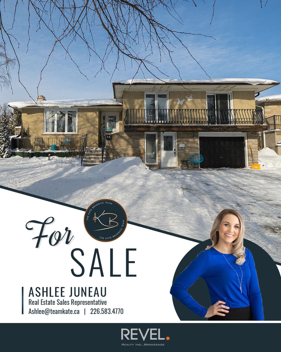 TeamKateAgents's tweet image. #ForSale! Welcome home to 44 Shalfleet Boulevard. This updated side-split offers 4 bedrooms, 2 bathrooms, and a newly renovated granny suite. Listed at $830,000.
#RealEstate #Brantford

Revel Realty Inc. - The Kate Broddick Team
Ashlee Juneau - Real Estate Sales Representative