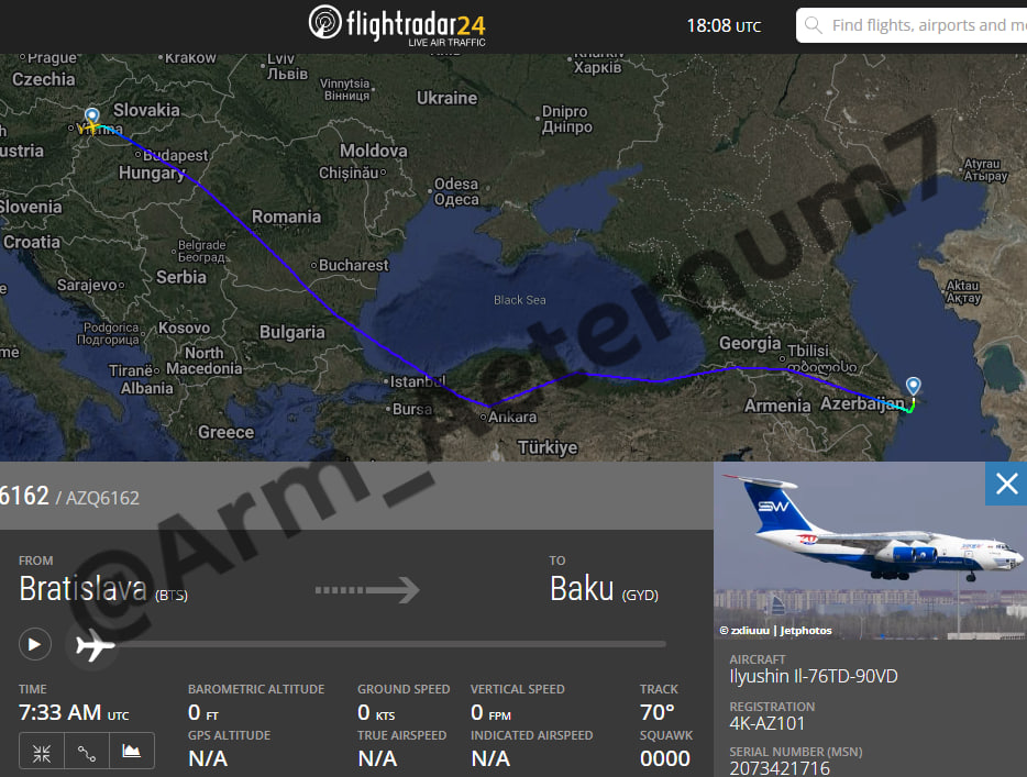 Aeternum7's tweet image. New flights by #Azerbaijan's arms carrier - Silk Way

Over the past week, an Il-76 has flown to Bratislava (#Slovakia), Ostrava (#CzechRepublic), Tel Aviv (#Israel), and Varna (#Bulgaria, twice).

I have written about arms supplies to Azerbaijan these countries.

#Armenia