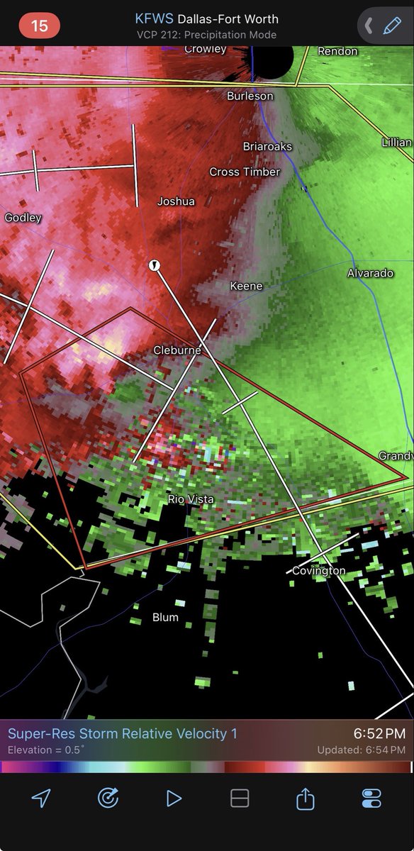 MAutovinoWx's tweet image. Another #Tornado #Warning in Southern Johnson County near Cleburne and heading towards the city of Parker! This is in effect through 7:30 pm. This storm is capable of producing a tornado AND softball (4”) hail! Head to your safe place immediately. You can see the area of rotation