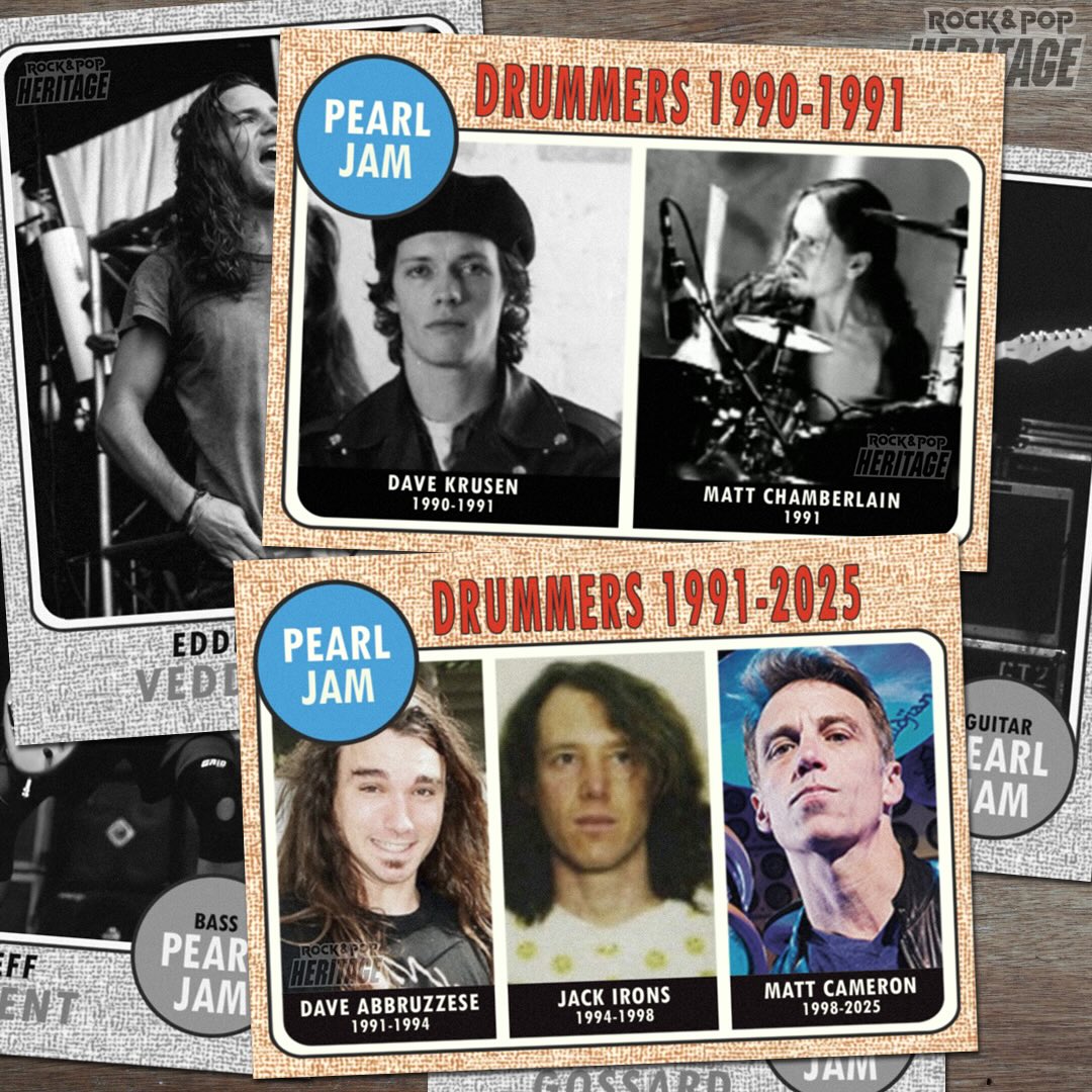 demetriosns's tweet image. rock.pop.heritage.cards✨"Who’s your favorite @PearlJam drummer? Who will be the new Pearl Jam drummer??? 🥁 1968 Topps Baseball meets Pearl Jam!"  #pearljam #grunge #topps #baseballcards instagram.com/p/DXg92NvDqCu/ #DaveKrusen #MattChamberlain #DaveAbbruzzese #JackIrons #MattCameron