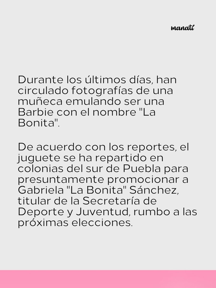 Manatimx's tweet photo. 🔎| En Puebla hay una muñeca tipo Barbie que se comienza a repartir en algunas colonias del sur de la capital con la leyenda "La Bonita".

Gabriela "La Bonita" Sánchez dice que no son de ella, pero investigará.

Hasta le pasó la bolita a la Barbie Juárez y a la Bonita Fernández. https://t.co/ILoy1ndFSG