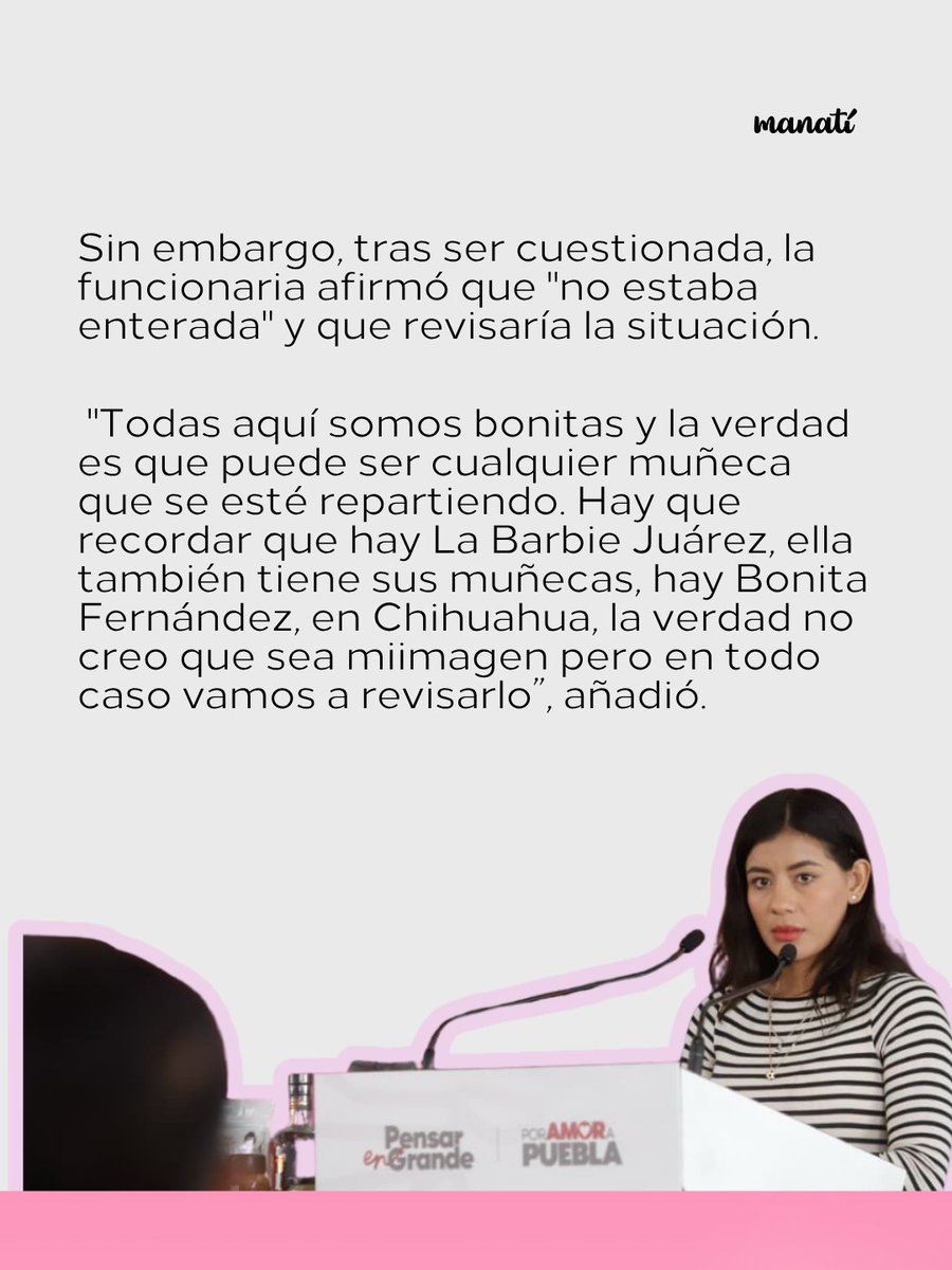 Manatimx's tweet photo. 🔎| En Puebla hay una muñeca tipo Barbie que se comienza a repartir en algunas colonias del sur de la capital con la leyenda "La Bonita".

Gabriela "La Bonita" Sánchez dice que no son de ella, pero investigará.

Hasta le pasó la bolita a la Barbie Juárez y a la Bonita Fernández. https://t.co/ILoy1ndFSG