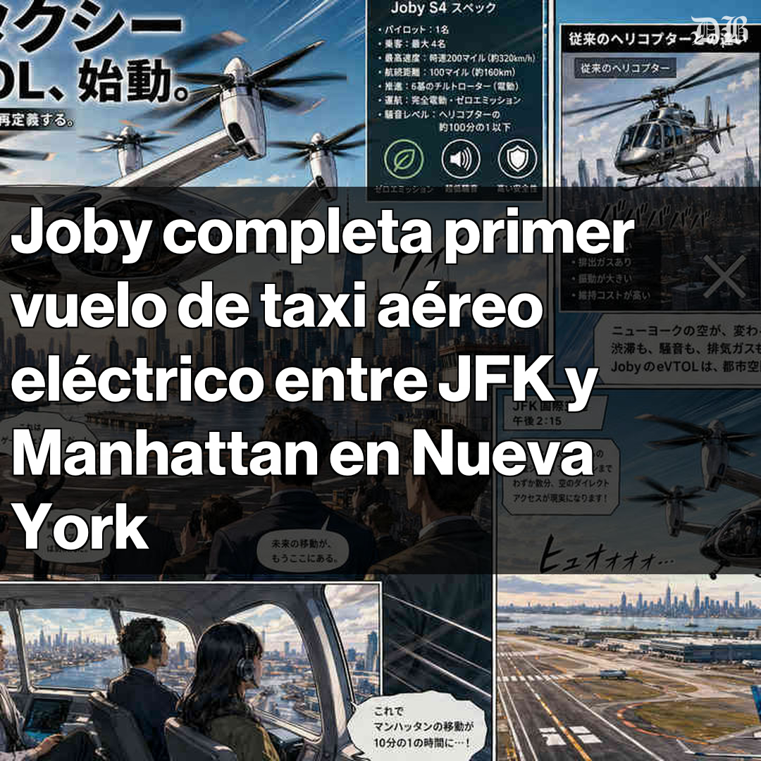 DiarioBitcoin's tweet photo. 🚀 Joby Aviation realiza su primer vuelo de taxi aéreo eléctrico entre JFK y Manhattan 

La aeronave eVTOL promete reducir traslados de 60-120 minutos a solo 7 minutos.

Este hito puede abrir la puerta a operaciones comerciales en 2026.

Joby busca transformar la movilidad urbana con cero emisiones y bajo ruido.

Las acciones de Joby subieron un 3% tras la demostración.

Nueva York se posiciona como líder en innovación de transporte aéreo.