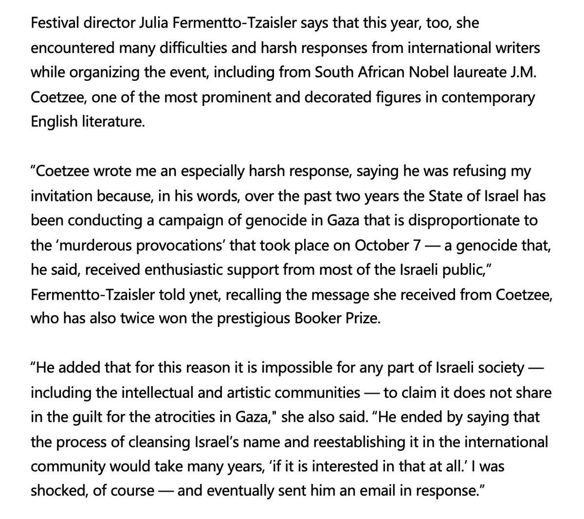 im_PULSE's tweet photo. J.M. Coetzee is a magnificent writer. And, naturally, his rejection of an invitation to a literary festival in Israel is also magnificent. Brief and unsparing. https://t.co/iHVDAXtPpz