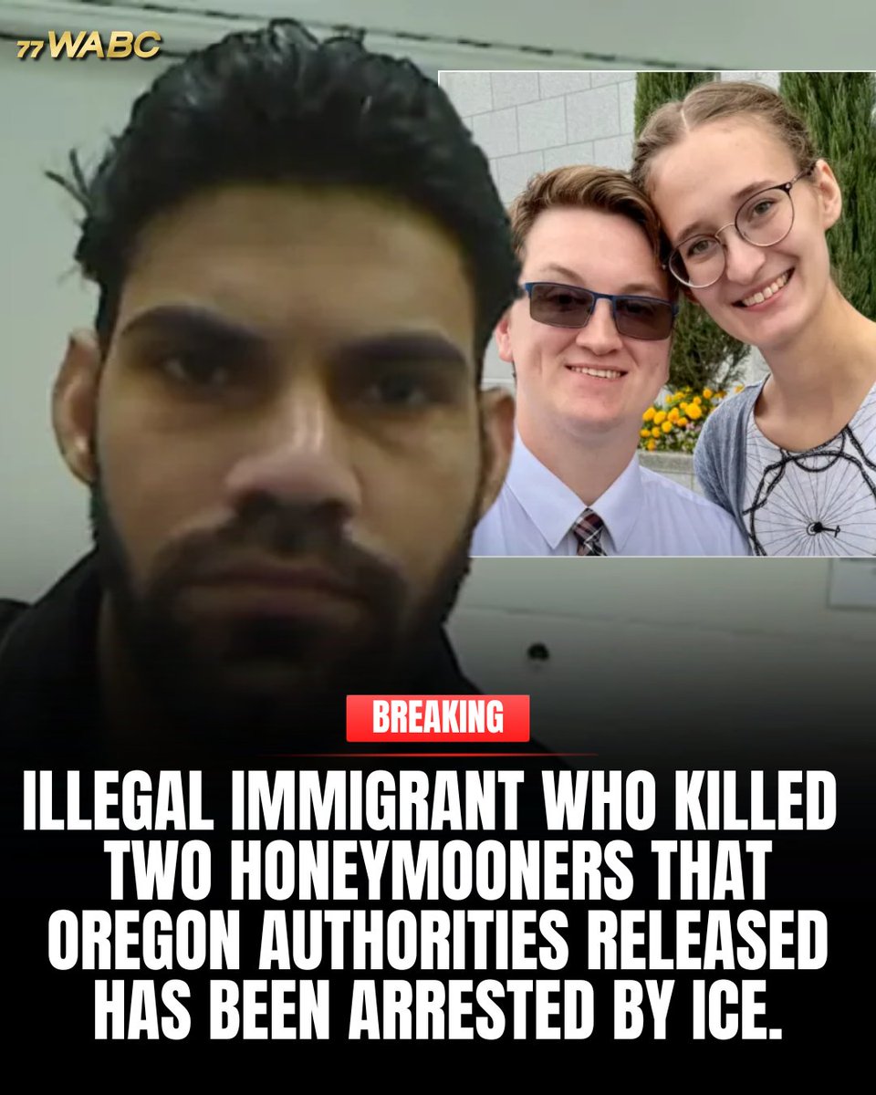 77WABCradio's tweet image. #BREAKING: Illegal immigrant truck driver who killed two honeymooners that Oregon authorities later released has been arrested by ICE.