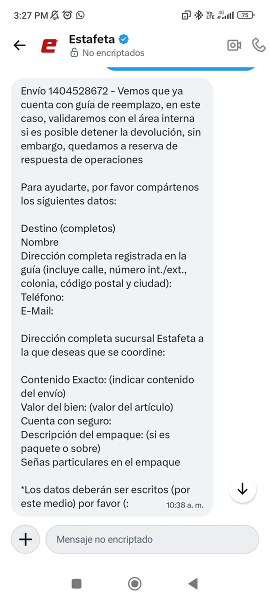franco129504's tweet photo. @estafeta Ya lo hicieron, con su intento de estafa pidiendo el contenido de mi producto, como por? Y encima no resolvieron nada, inclusive tienen todos mis datos https://t.co/PErt7fjxYO