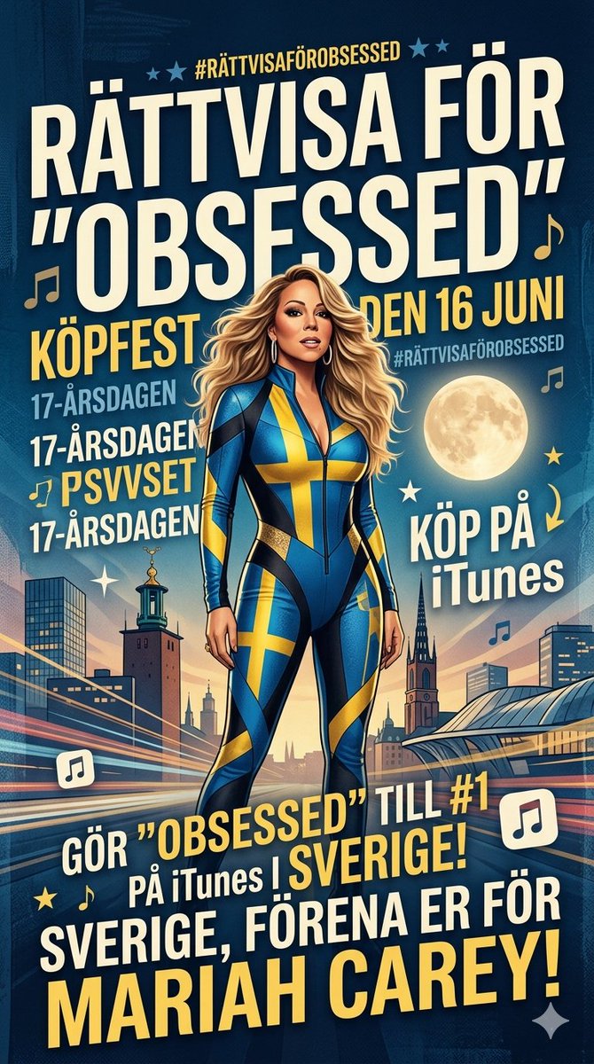 hotmusclebro's tweet image. Ge ”Obsessed” rättvisa i Sverige! 🇸🇪 Fira 17-årsdagen den 16 juni genom att ta låten till #1 på iTunes. Häng med på vår köpfest! ✨

#justiceforobsessed
#mariahcarey
#sweden