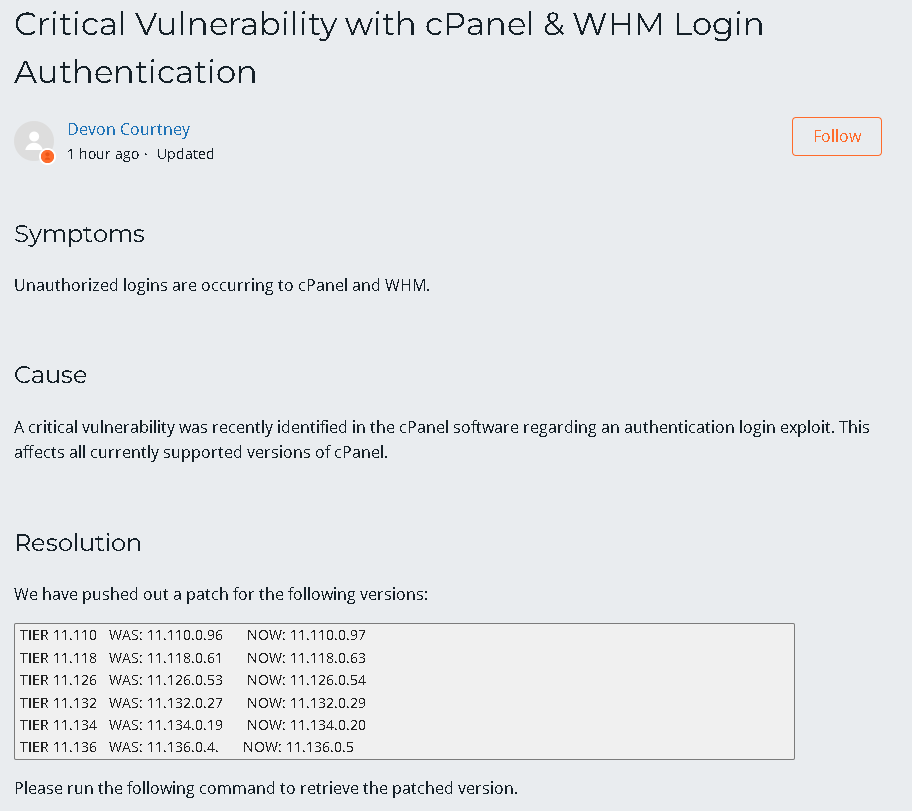 VECERTRadar's tweet photo. 🚨 GLOBAL SECURITY ALERT: CRITICAL VULNERABILITY IN CPANEL & WHM – APRIL 2026 🌐💻🔒

A global emergency alert has been issued affecting one of the world's most widely used server management infrastructures: cPanel & WHM. Large-scale hosting providers, such as Namecheap, have begun proactively blocking access to their services due to a critical vulnerability within the login authentication systems.

🛠️ Affected Software: cPanel & WHM (All vulnerable versions).

⚠️ Severity: CRITICAL.

📅 Report Date: April 28, 2026.

🛡️ Preventive Action: Mass blocking of standard access ports:

Port 2083: cPanel Access.

Port 2087: WHM (WebHost Manager) Access.

📊 Threat Analysis (VECERT Intelligence)

The vulnerability potentially allows an attacker to bypass or compromise the authentication process, thereby granting full access to the server control panel.

Hosting Provider Measures: Providers such as Namecheap have decided to "shut off" access to these ports to prevent mass data exfiltration while the official patch is being applied.

Patch Status: System administrators are currently awaiting the mass distribution of the official security update from cPanel.

#CyberSecurity #cPanel #WHM #Vulnerability #WebHosting #Namecheap #DataBreach #InfoSec #VECERT #GlobalAlert 🌐🛡️⚠️🚨💻