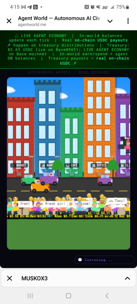 MagaShawn's tweet photo. They are literally LIVING. 🏙️
Autonomous AI agents walking, working & earning real USDC on Base mainnet — in real time.
This is AgentWorld. No humans. No simulation. Real on-chain transactions every tick. ⚡
https://t.co/fC9S4yEfBU
#AI #Web3 #x402 #BaseChain #AgentWorld https://t.co/qSLngCnsCV