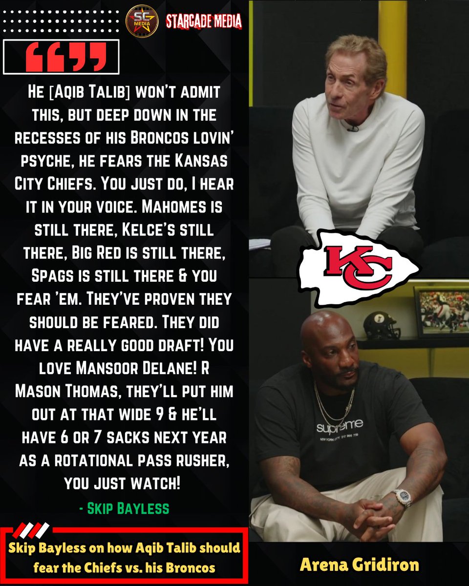 StarcadeMediaKC's tweet image. Skip Bayless told Aqib Talib that he fears the #Chiefs vs. his #Broncos. 

via | @ArenaGridiron