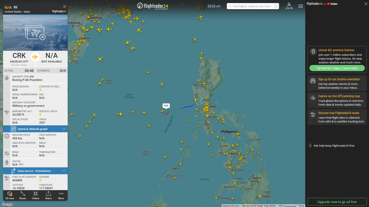 AIYeyENGDdJkjTr's tweet image. Apr. 29, 2026
#Clark Air Base, Philippines ==&amp;gt;

#NoCALLSIGN #AE680E USN P-8A Poseidon