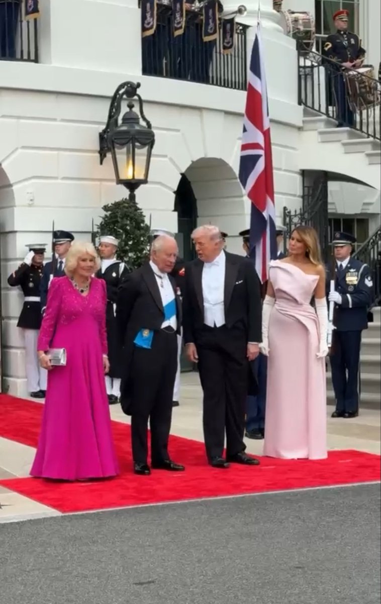For tonight’s state dinner, First Lady Melania Trump is wearing a pale delphinium pink silk strapless gown by Christian Dior Haute Couture, with off-white Dior suede gloves and Dior silk pumps 🇺🇸🤝🇬🇧