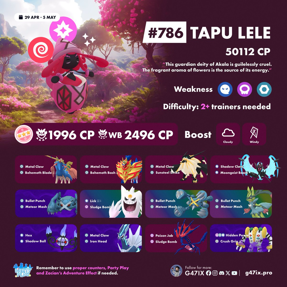 g47ix's tweet image. 💖 Tapu Lele will be available in 5★ Raids from April 29 to May 5.
✨ If you're lucky, you might find a Shiny!
More counters ➡️ Pokebattler_com
#PokemonGO