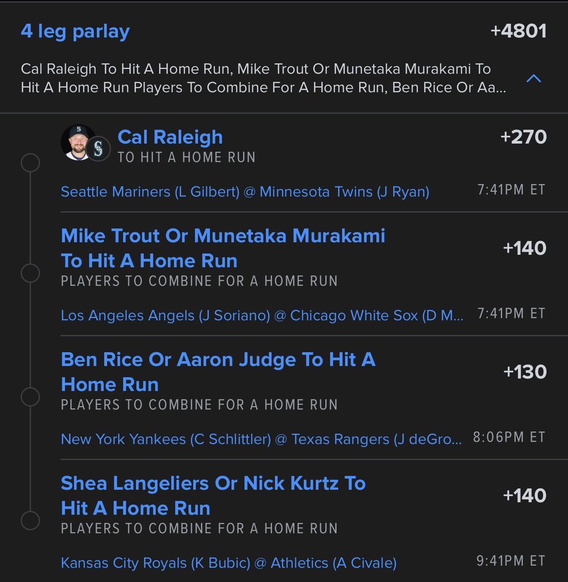 Zeezpicks456's tweet image. Late game HR parlay (+4801) ‼️‼️💣⚾️

#gambling
#gamblingtwitter
#gamblingx
#parlay
#MLB