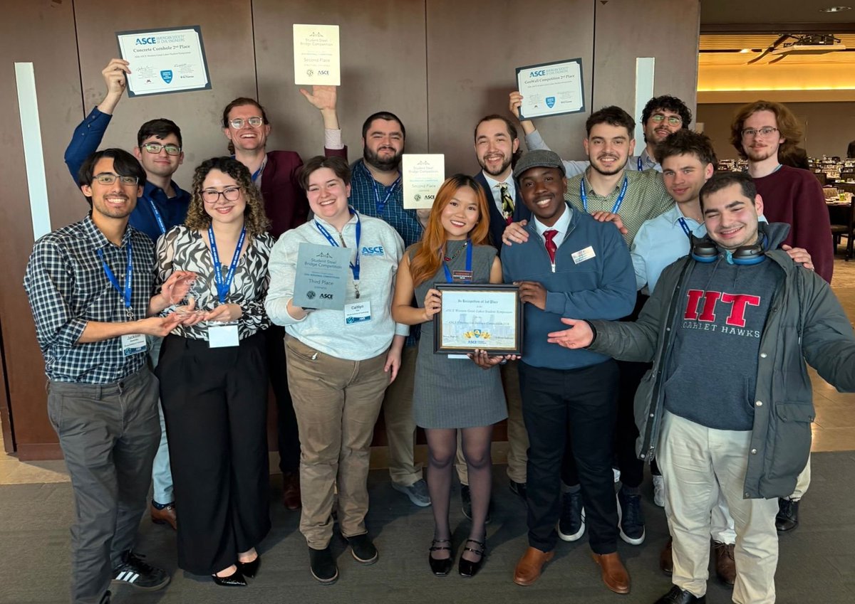 IITEngineering's tweet photo. Big wins for Illinois Tech engineers at the 2026 @ASCETweets Western Great Lakes Student Symposium . Our student chapter placed in every competition entered, including:

🥇 3D Printing
🥇 Construction Institute
🥈 Concrete Cornhole
🥈 Geowall
🏗️ Multiple Steel Bridge awards https://t.co/rIdpQYdzyF