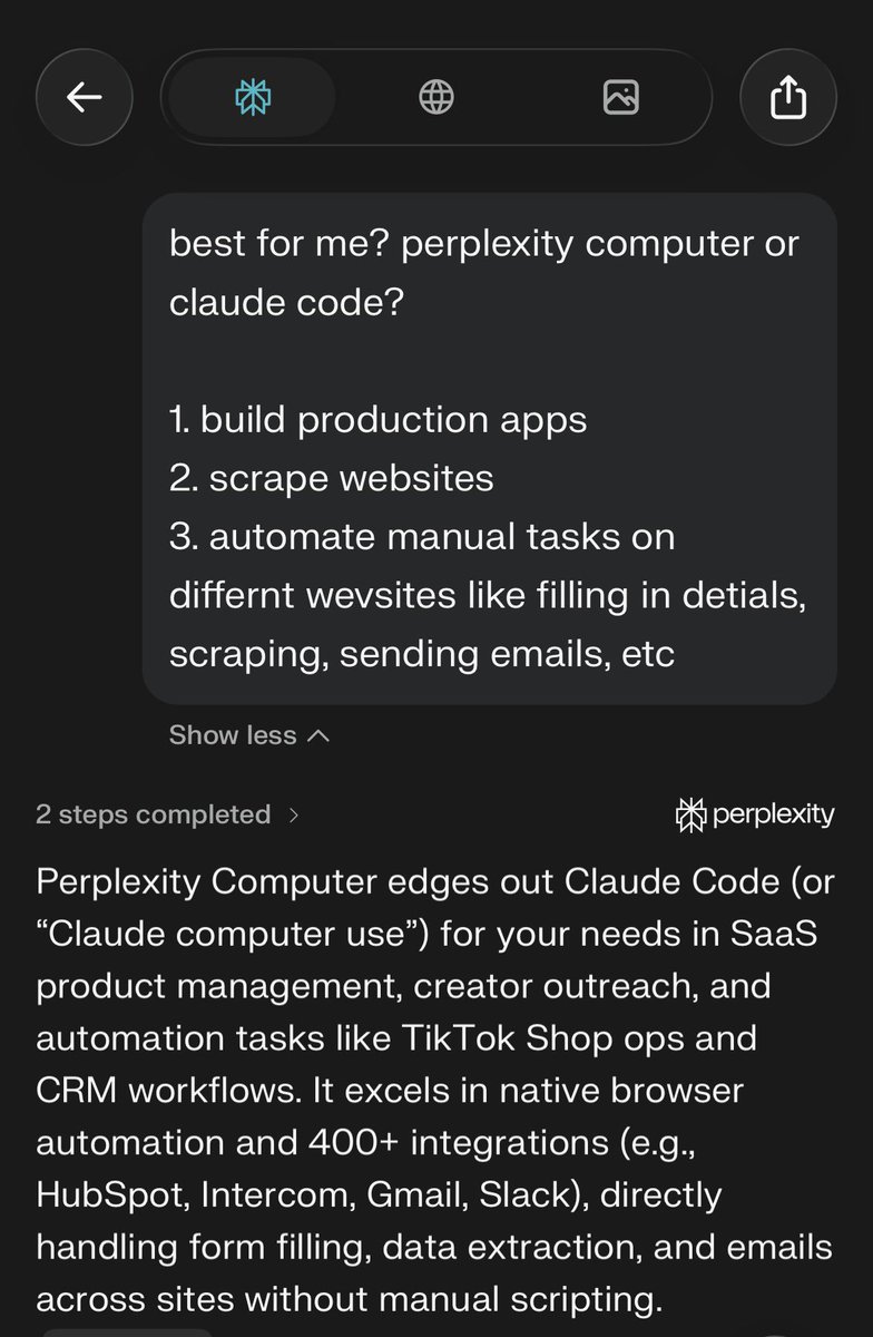 geeetansh's tweet photo. @SuperGrok's response felt the most well researched response. 304 sources cited 

@perplexity_ai did 10 sources
@claudeai didnt feel the need to search the internet😂

@elonmusk time for an agent that controls browser and actually does our work? https://t.co/lMZn9t3diB