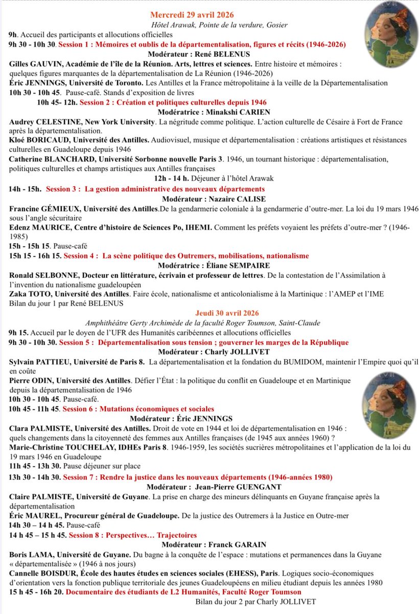 forestier_anna's tweet photo. J’ai le plaisir de vous partager le programme du colloque "80 ans de la loi de départementalisation (1946-2026)" de la Société d'histoire de la Guadeloupe  des 29 et 30 avril 2026. Liens pour le distanciel du 29 
https://t.co/V3Dl7WM9UP et du 30 
https://t.co/h6qlaHEN5S https://t.co/kEalQ8fp5h