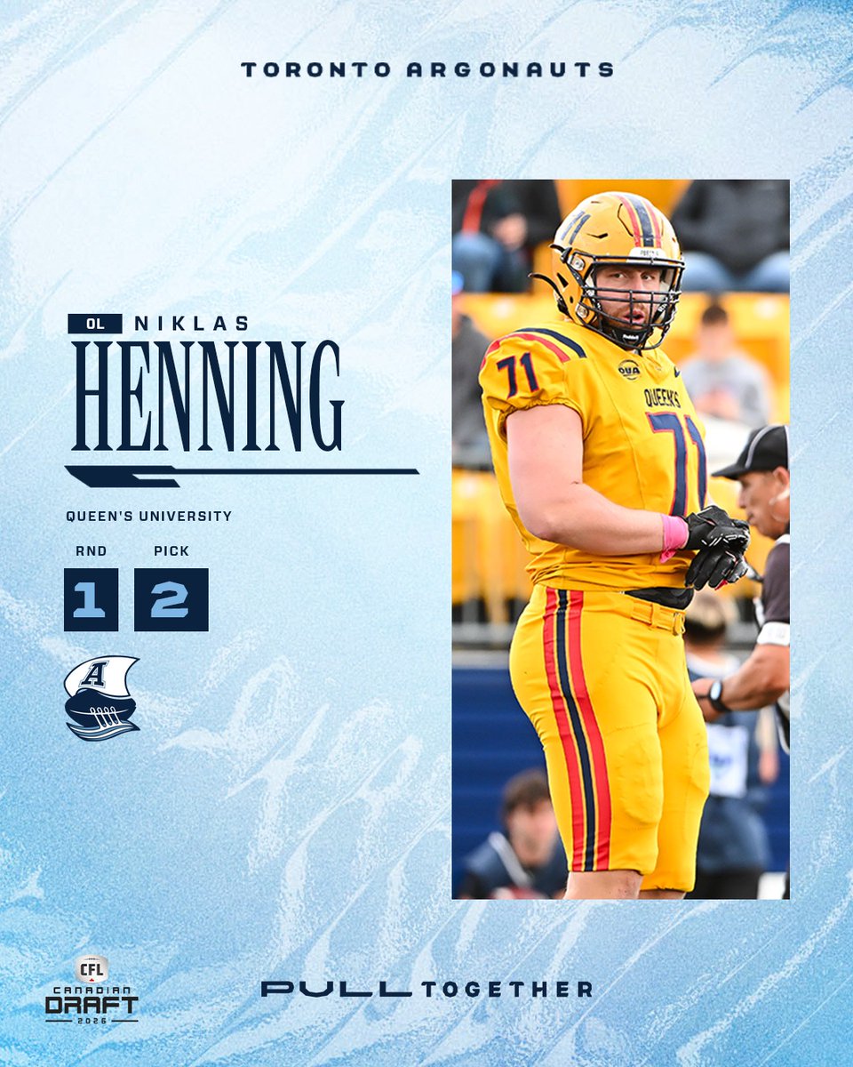 Proplayersagent's tweet image. Congratulations to Niklas Henning OL. Selected by the Toronto Argonauts in the 1st Round, 2nd overall. #PullTogether #TheSix #DoubleBlue #Argos #CFL