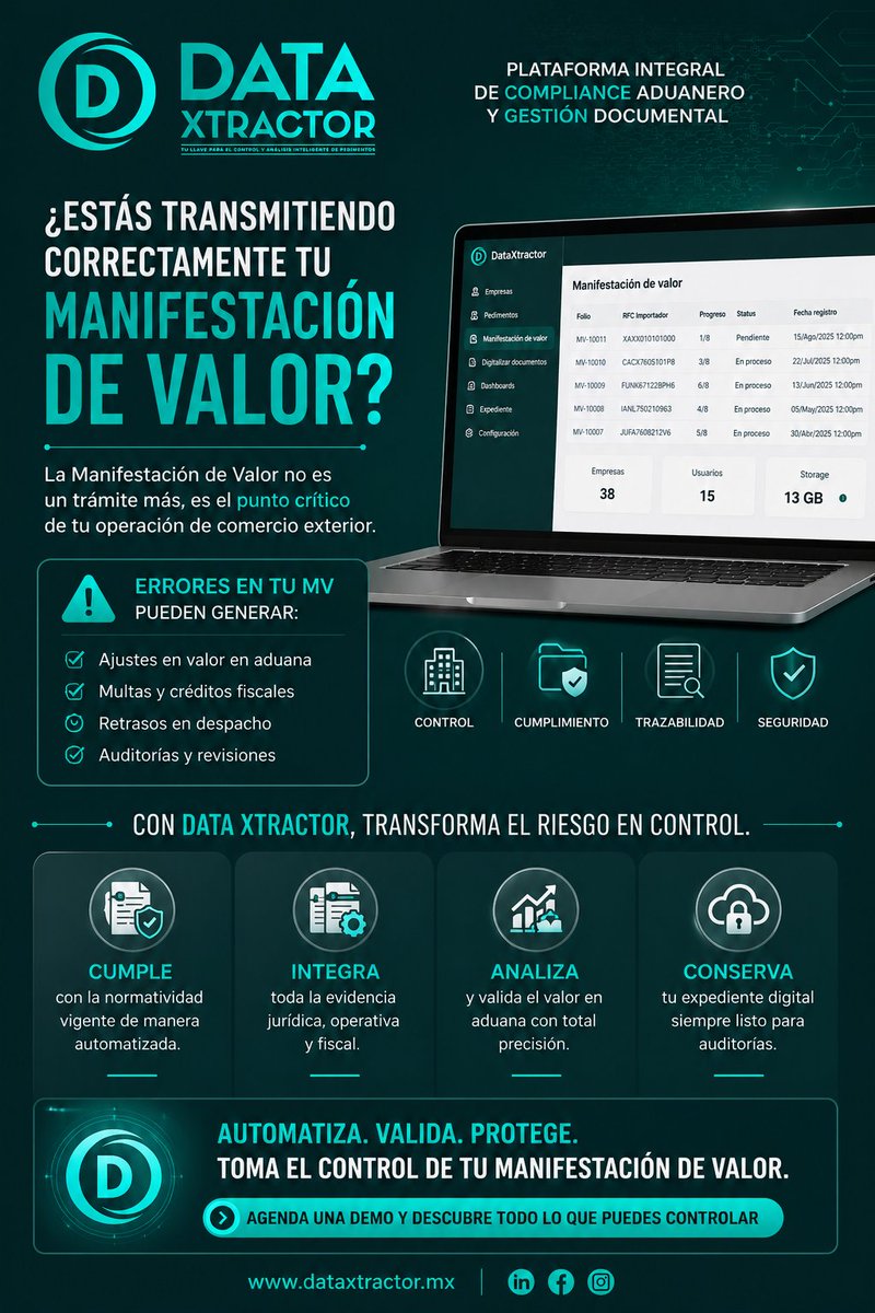 IgnacioYaez19's tweet photo. 🚨 La Manifestación de Valor NO es un trámite.

Es donde:
⚠️ defines tu valor en aduana
⚠️ generas (o eliminas) riesgo fiscal
Si no tienes control… tienes exposición.
💡 #DataXtractor = Automatiza + Valida + Protege

👉 Convierte riesgo en control

#DataXtractor https://t.co/3nbKgXOKsH