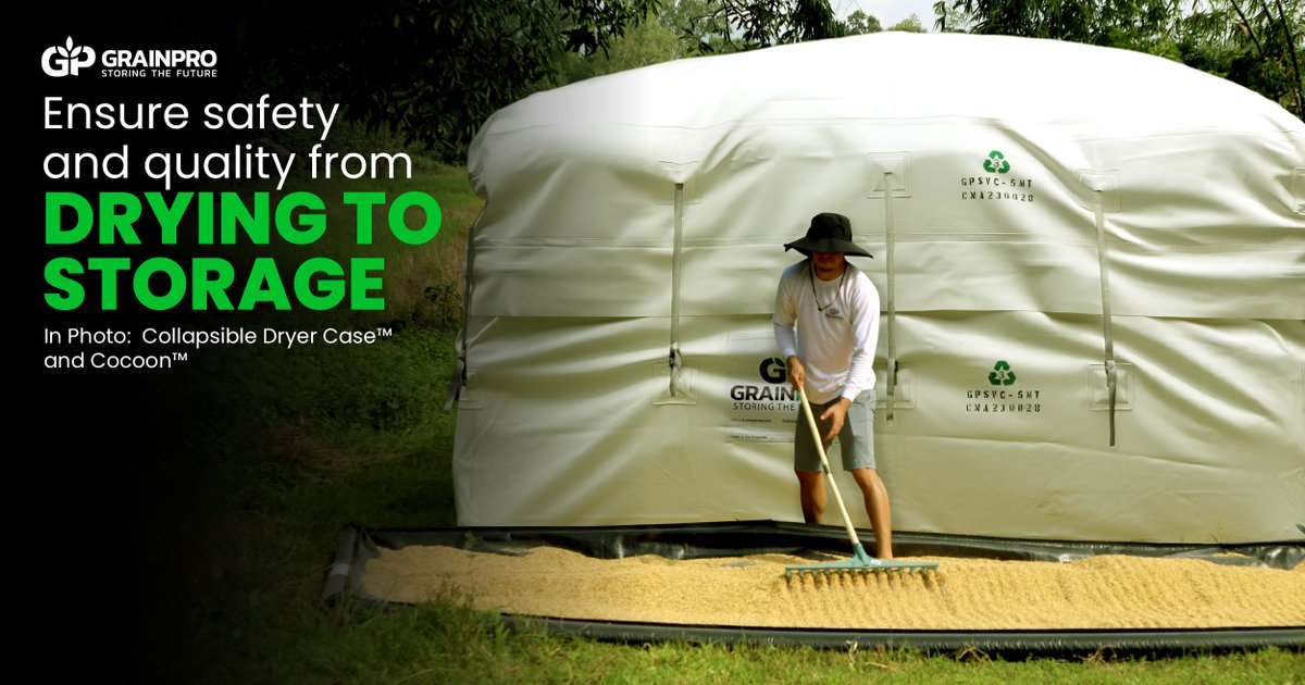 grainproinc's tweet image. Want to keep your grains safe and secured?

The Collapsible Dryer Case™ is designed to protect from contamination and weather. After drying, the Cocoon™ provides air- and moisture-tight security against pests, molds, and floods.
#PostHarvest #Drying #Storage #HermeticTechnology