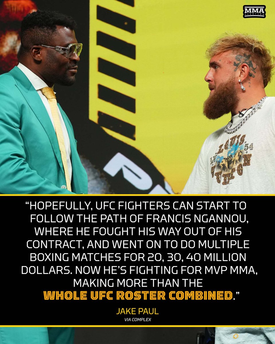 MMAFighting's tweet image. Jake Paul says MVP MMA will change MMA landscape — and says he hopes #UFC fighters can "follow the path of Francis Ngannou." 👀 🏦 💰

📰 mma-fighting.visitlink.me/gCDzFb