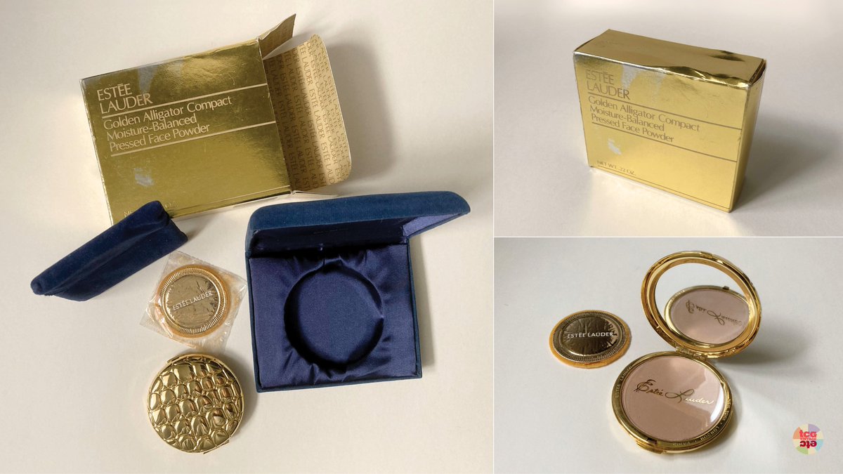 TheCuriousG's tweet image. Beautiful, elegant #vintage #EstéeLauder Golden Alligator #Compact etsy.me/4vWrCcv in its original #brand box. Clamshell case in soft pouch is #refillable w/powder or glacé. Lovely example of #1980s #beauty #packaging. #retro #cosmetics #product #collectible #etsyvintage