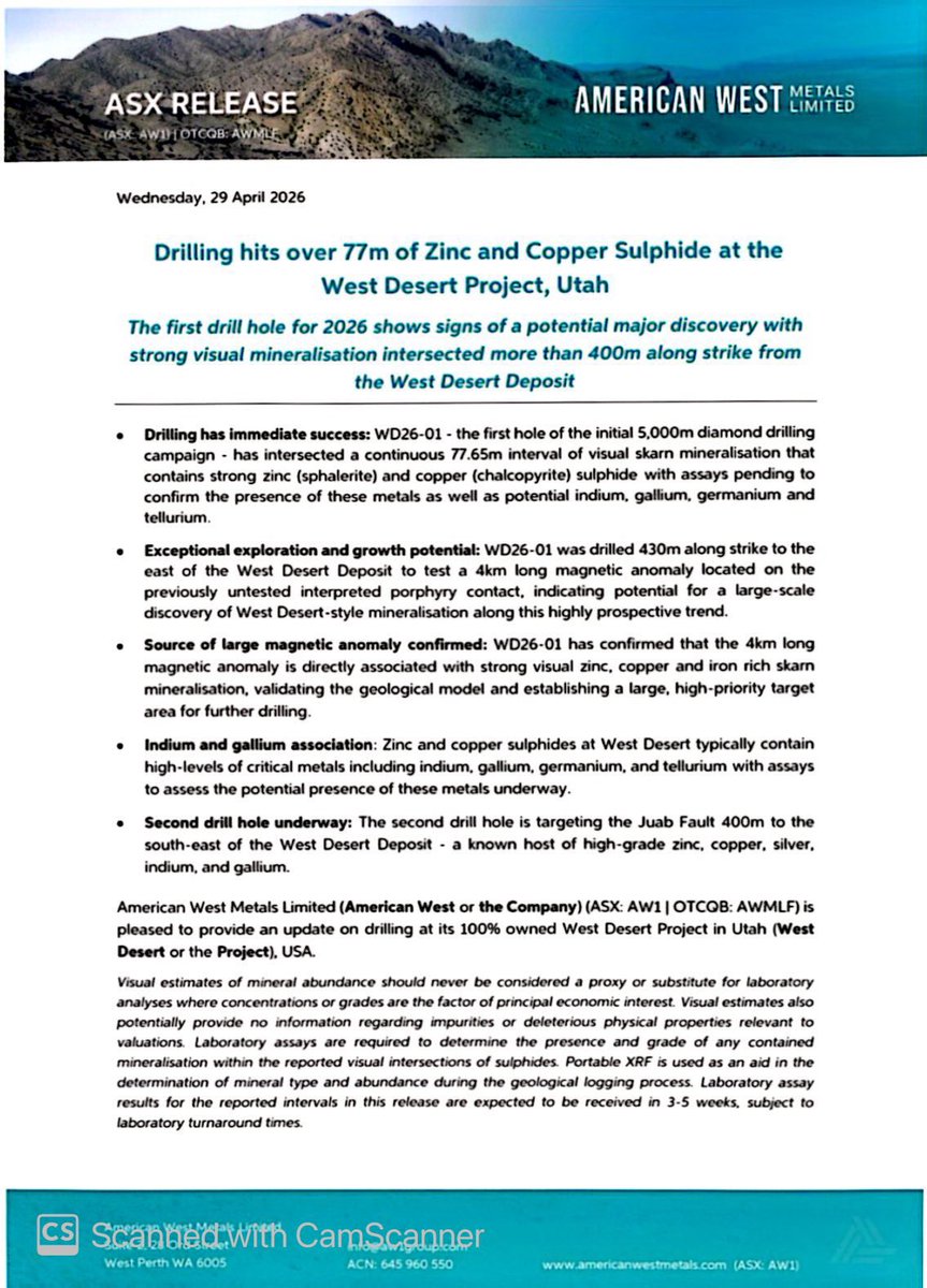 SalvadorMaurice's tweet image. #AW1

Drilling hits over 77m of #Zinc and #Copper Sulphide at the West Desert Project, Utah

The first drill hole for 2026 shows signs of a potential major discovery with strong visual mineralisation intersected more than 400m along strike from the West Desert Deposit