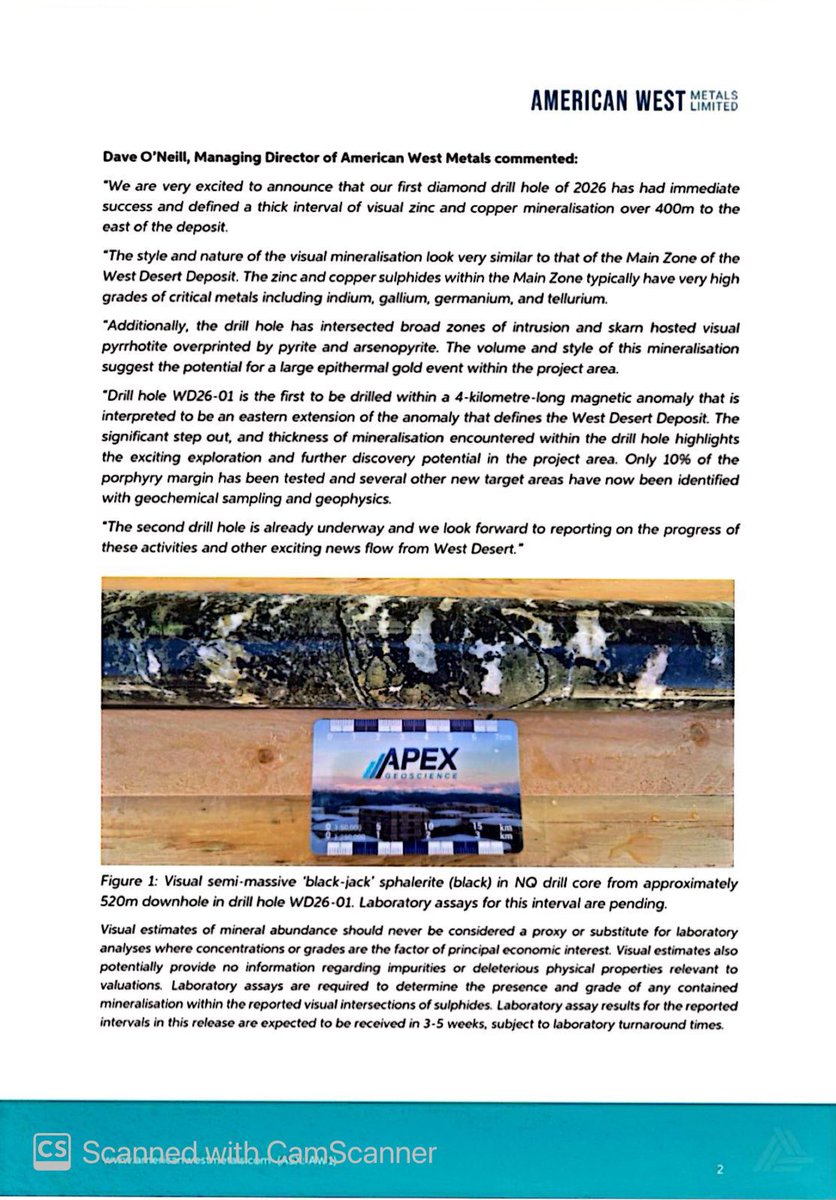 SalvadorMaurice's tweet image. #AW1

Drilling hits over 77m of #Zinc and #Copper Sulphide at the West Desert Project, Utah

The first drill hole for 2026 shows signs of a potential major discovery with strong visual mineralisation intersected more than 400m along strike from the West Desert Deposit