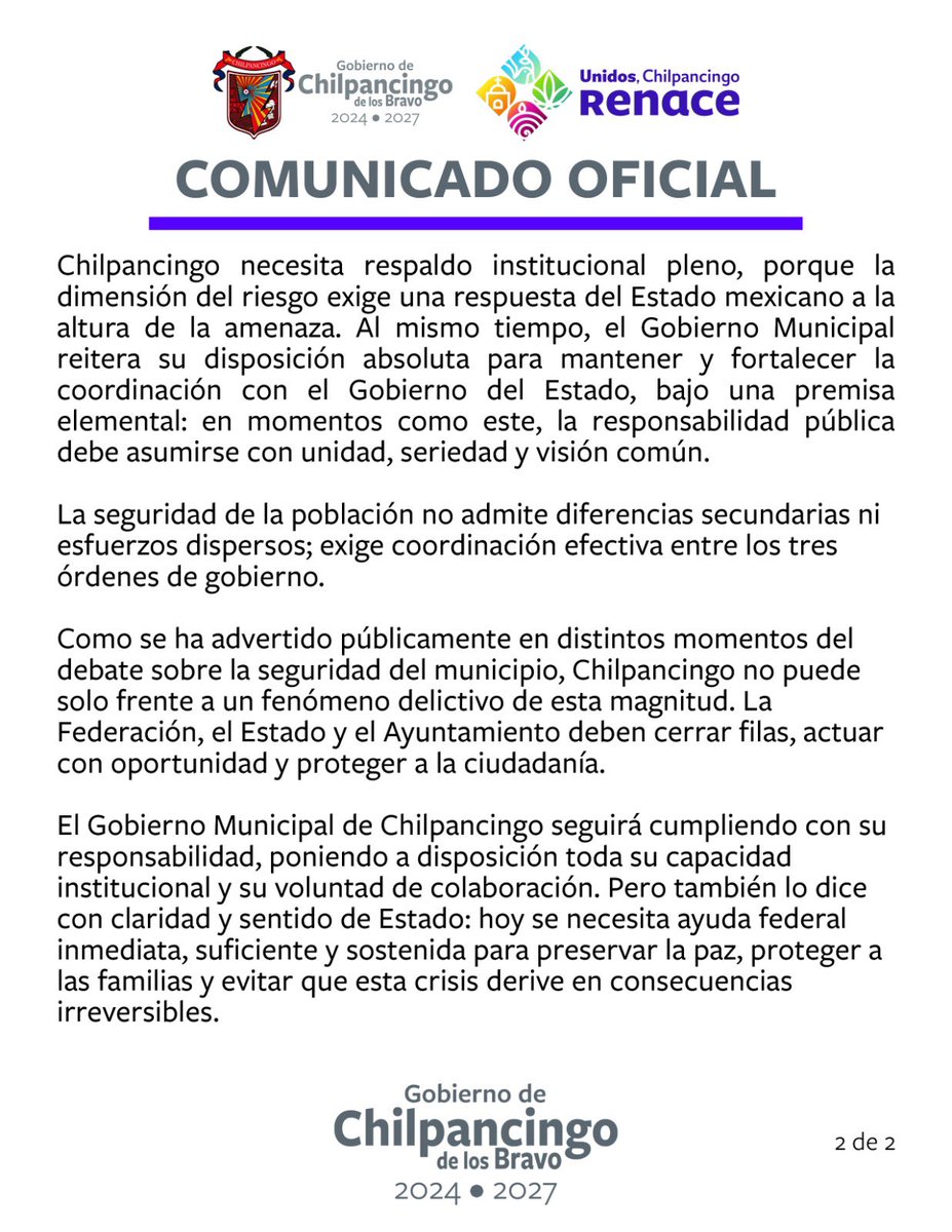 ChilpancingoGM's tweet photo. 🚨 Chilpancingo exige atención federal inmediata

La violencia en la Sierra ha alcanzado un nivel crítico.
Lo que ocurre en comunidades como Carrizal del Pinzón e Inscuinatoyac pone en riesgo a familias y puede escalar hacia la capital.

Se requiere presencia urgente del Ejército y GN.

La seguridad no puede esperar.