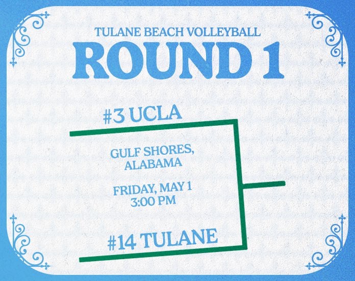 Tulane's tweet photo. Tulane @GreenWaveBeach is NCAA bound 🌊

@ConferenceUSA champions. First-round matchup vs. No. 3 UCLA.

Cheer them on as they take the national stage. Roll Wave! https://t.co/8f4FpHevX2
