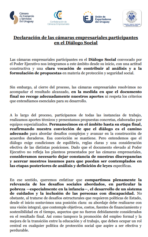 CCE_Uruguay's tweet photo. Declaración de las cámaras empresariales participantes
en el Diálogo Social 👇

https://t.co/upf2ICLsGn https://t.co/3GGJmZMQsA