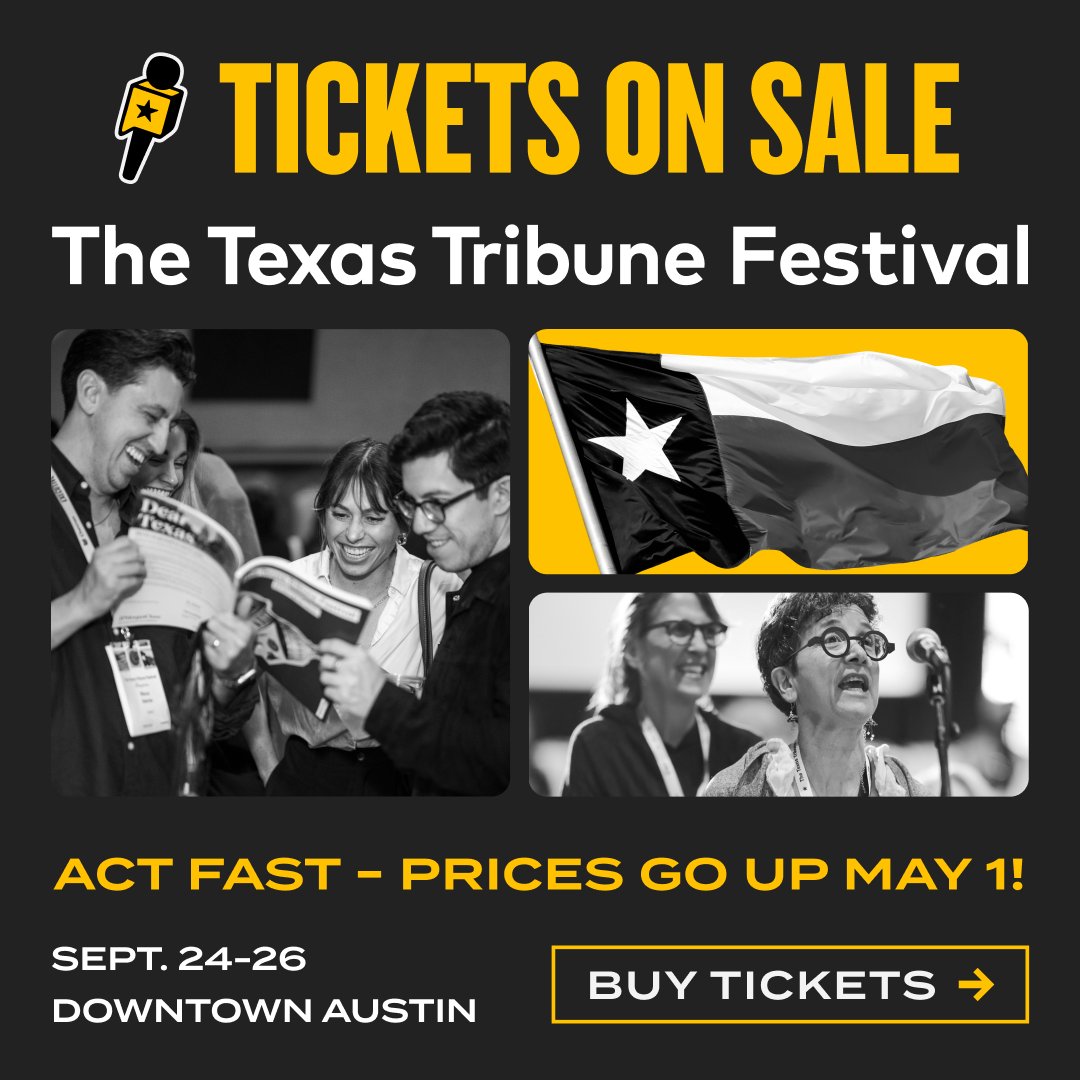 TexasTribune's tweet image. ⏰ Don’t wait—TribFest is back Sept. 24–26 in downtown Austin. Tickets are on sale now, but prices go up May 1. Get your ticket before it’s too late! Discounts for members, students and educators. trib.it/tribfest26-x #TribFest26