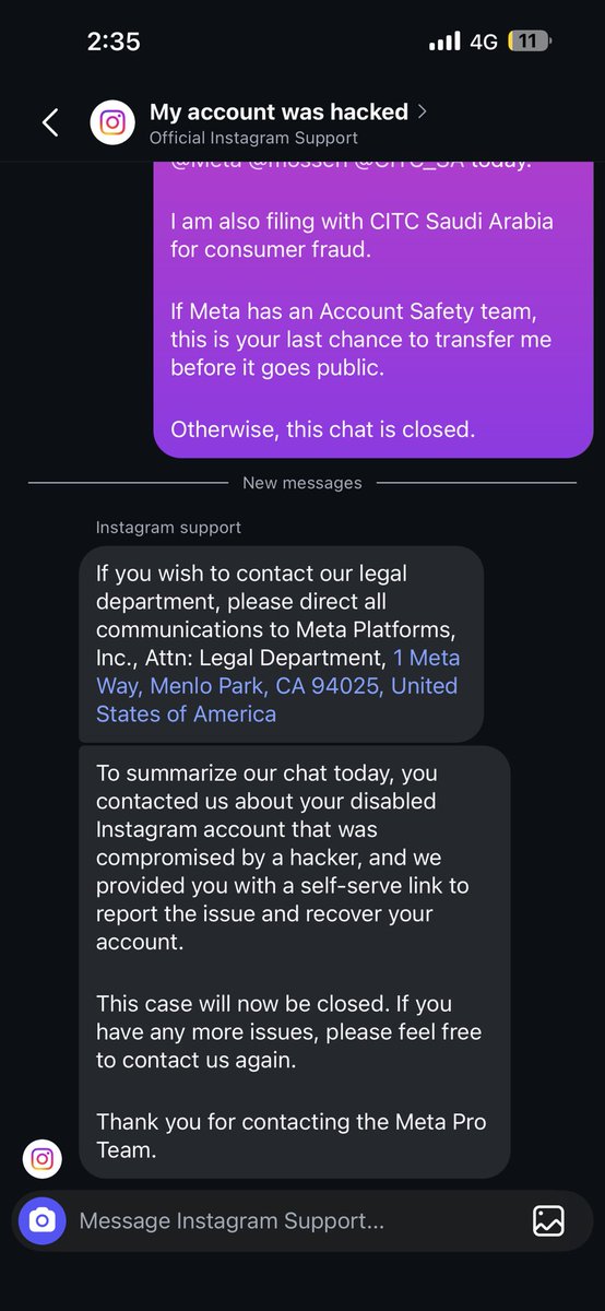 2/ Meta's final answers after I mentioned @CITC_SA:

"contact our legal department"
"case will now be closed"

So I paid $14.99/month to be told "sue us"?

<a href="/FTC/">FTC</a> <a href="/BBCNews/">BBC News (UK)</a> This is consumer fraud.
Filing complaint today.