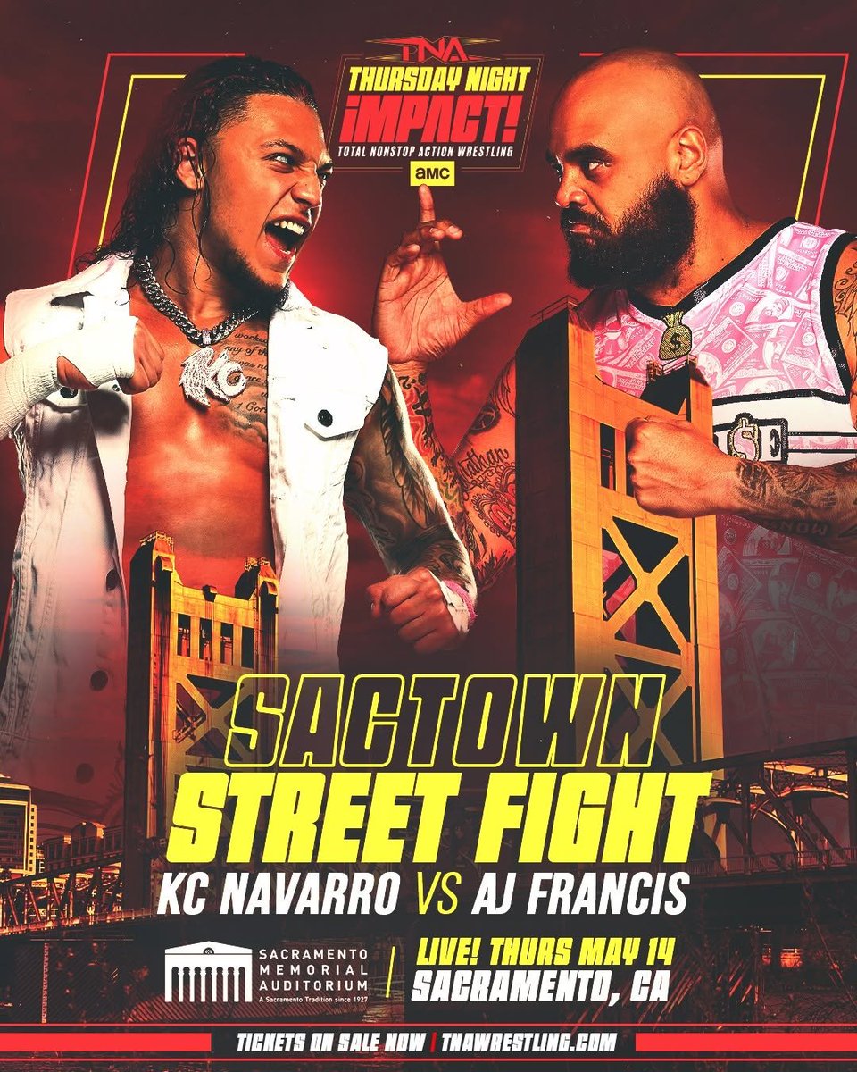 ThisIsTNA's tweet photo. SACRAMENTO! A number one contenders battle royal and @KCwrestles vs. @AJFrancis410 are coming your way as #TNAiMPACT is LIVE from the Sacramento Memorial Auditorium on May 14, followed by a day of #TNAiMPACT tapings on May 15. 

Head to https://t.co/Vl1T0tWJjE for tickets and details!