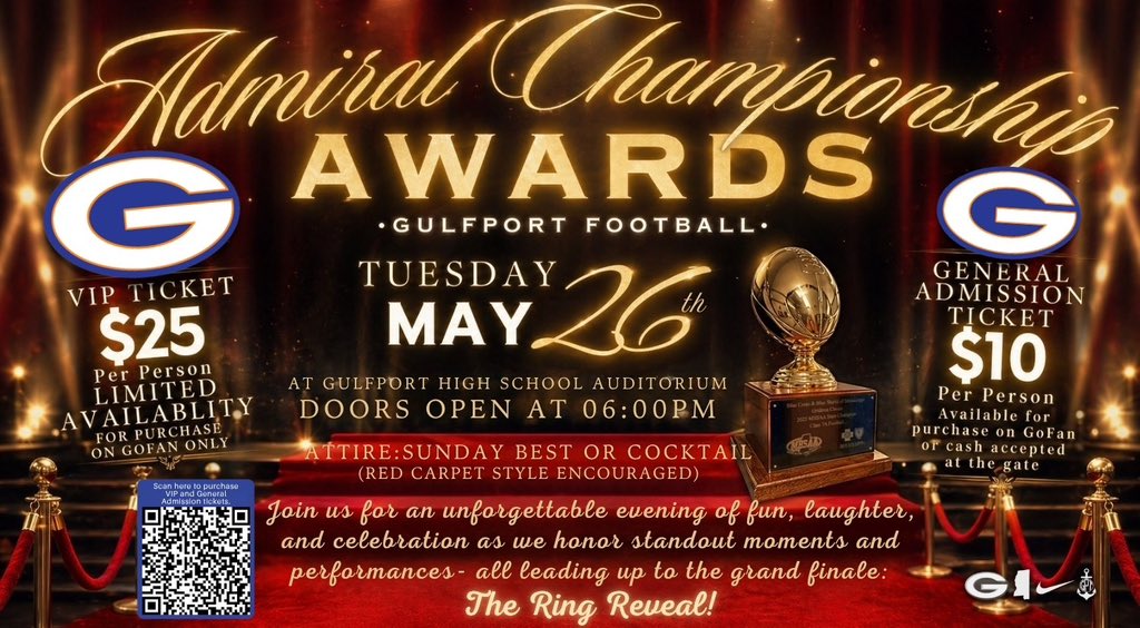 Gulfport_FB's tweet image. Join us for the Admiral Championship Awards, a red carpet ESPY-style event to celebrate the season that was.

This is more than a ceremony—this is history!

#OneGPT | #TEAM ⚓️⛓️🟧🟦
