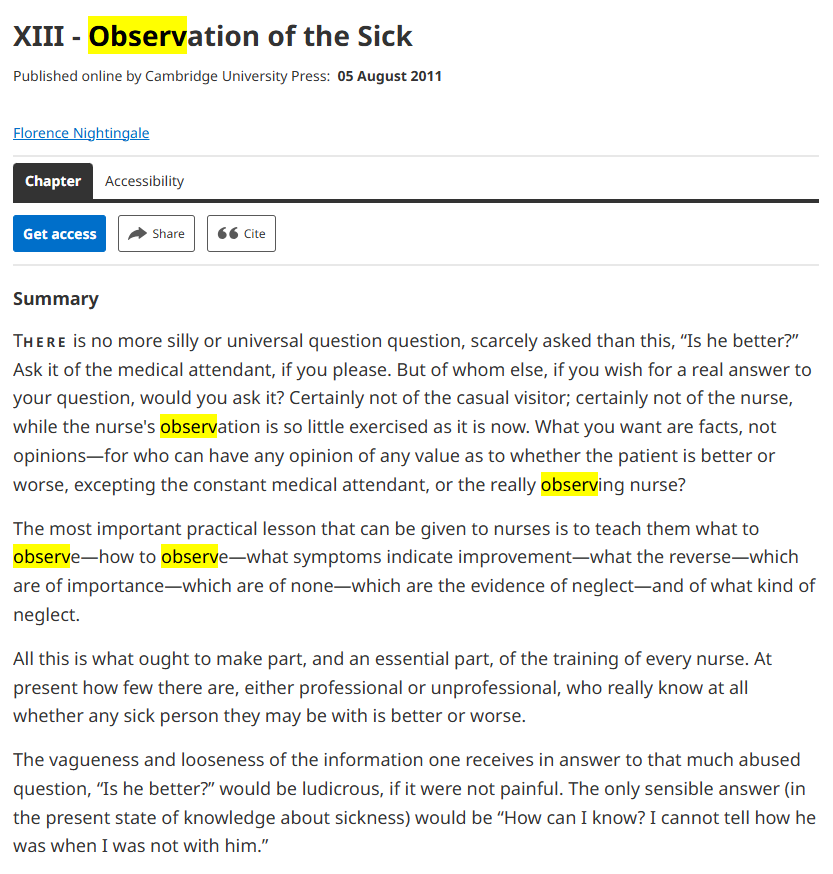 hizocco's tweet image. #風薫る【observe】Google翻訳では「observe＝観察する」でした。ナイチンゲール著「看護覚え書」（Notes on Nursing）の13章でもよく出てくる単語である事が確認できました。ためしにGoogle先生に日本語にしてもらったら、やはり看護で大切なのは「観察(observation)」であると、説いているようです。