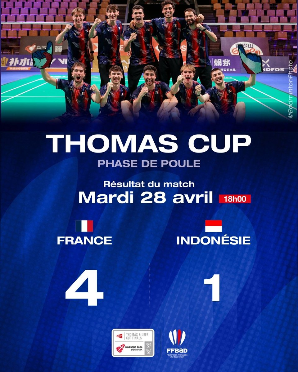 FFBaD's tweet photo. Il fallait le faire, alors ils l’ont fait ⚔️🇫🇷

Dans une rencontre héroïque, les Bleus se sont qualifiés pour les 1/4 de finale de la #ThomasCup en battant les vice-Champions du Monde par équipes 🤝🔥

Un scénario incroyable, avec une équipe de France de tous les possibles 🤩

Tirage au sort le 31/04 pour connaître notre adversaire en quarts. 

🔗 https://t.co/jRwwnAhkYt

 #TUC26