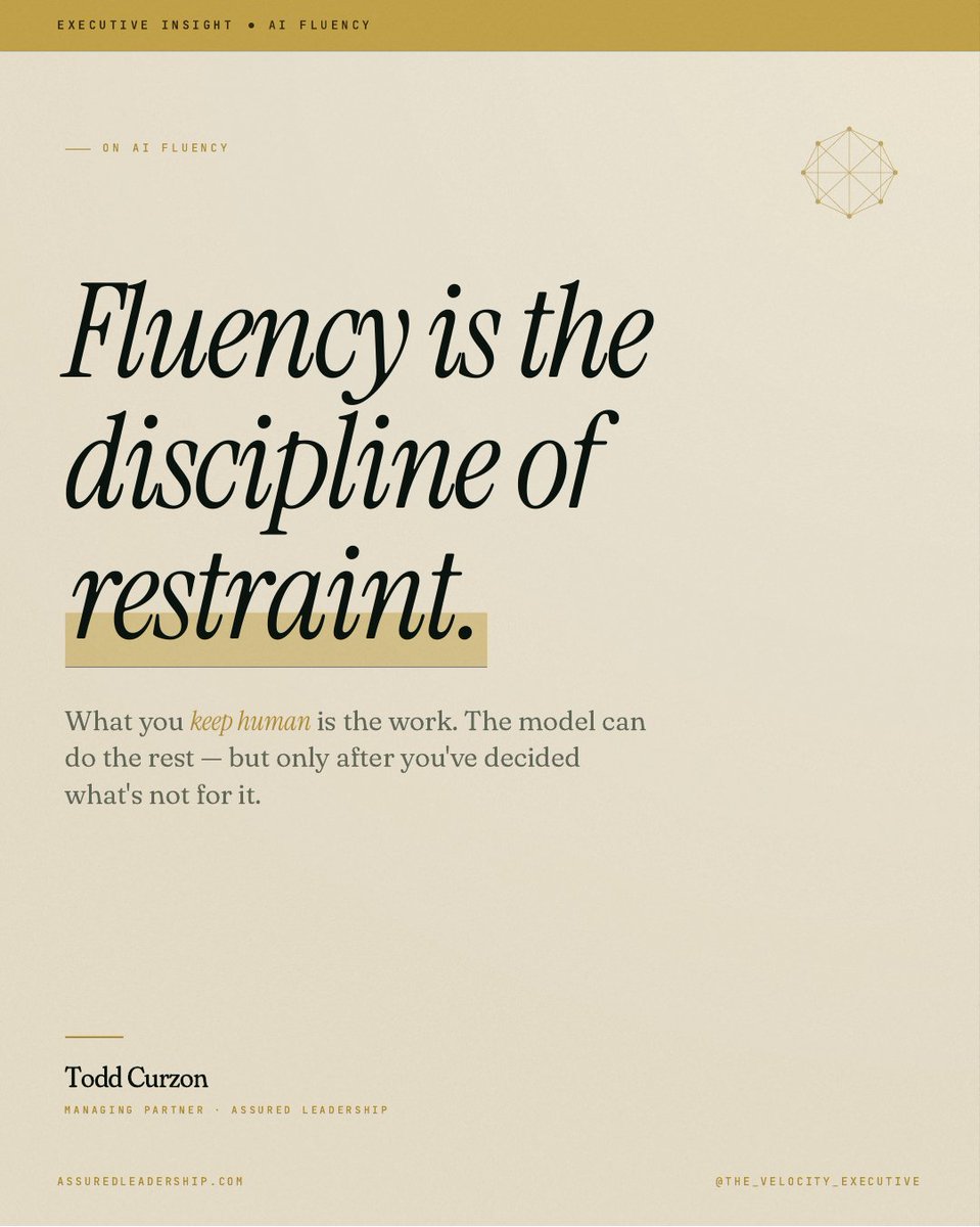 assuredldrshp's tweet image. Fluency is the discipline of restraint.

The leaders pulling ahead in 2026 aren't the ones with the longest AI stack.

They're the ones who know what to keep human.

#AIFluency #AILeadership